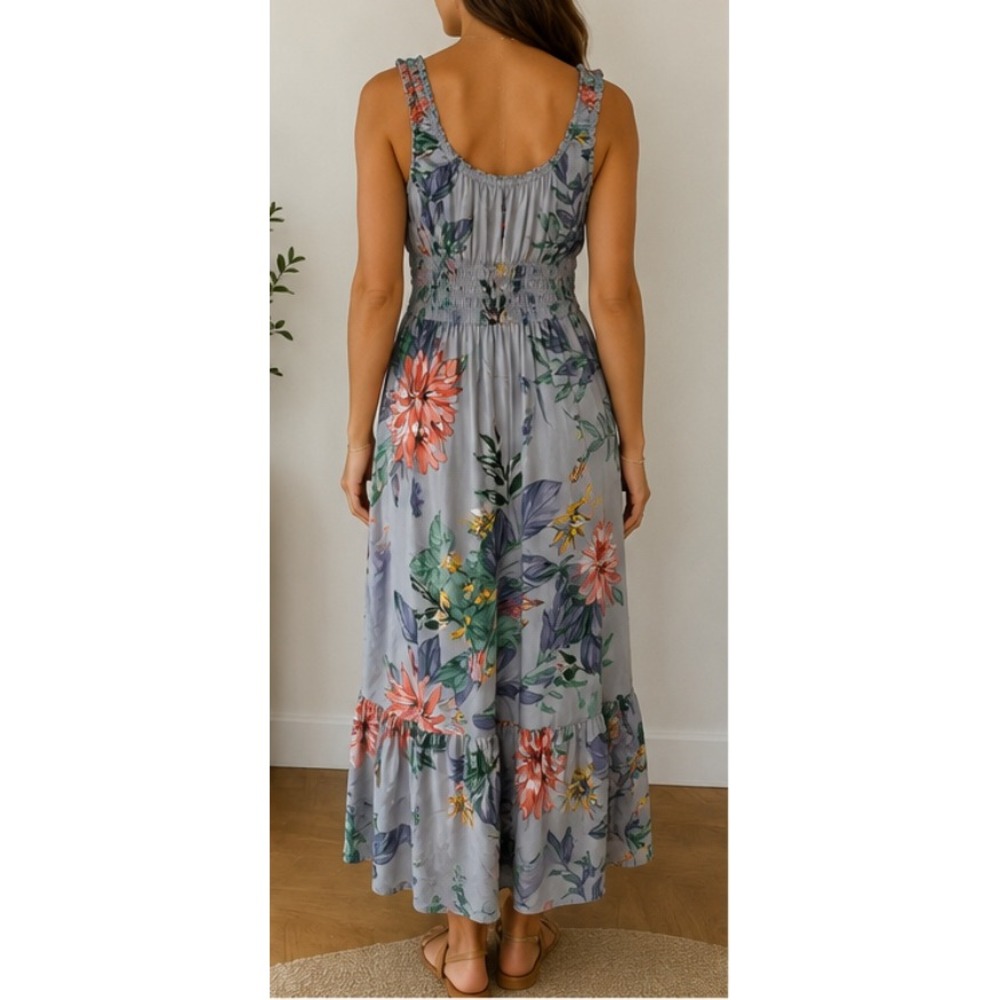 Patrons of Peace Floral Midi Dress Small Gray Tropical Boho Smocked Rayon Summer - Picture 2 of 7